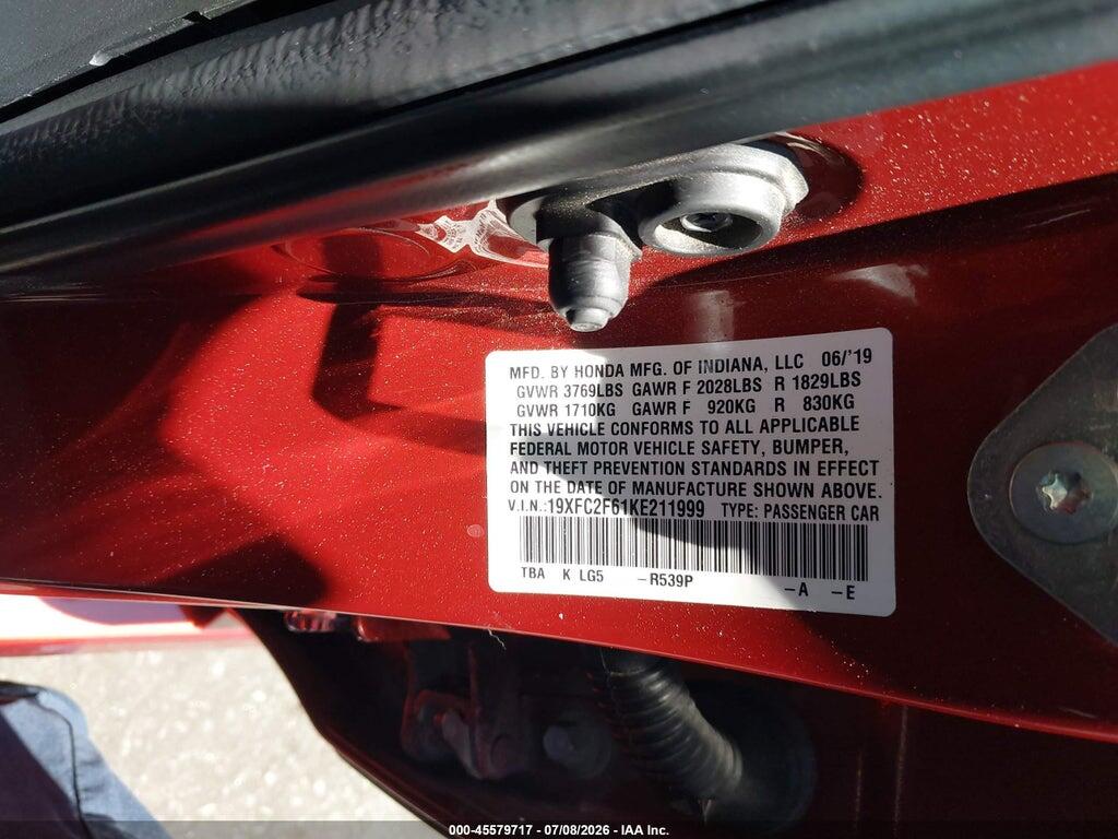19XFC2F61KE211999 2019 HONDA CIVIC photo no. 9