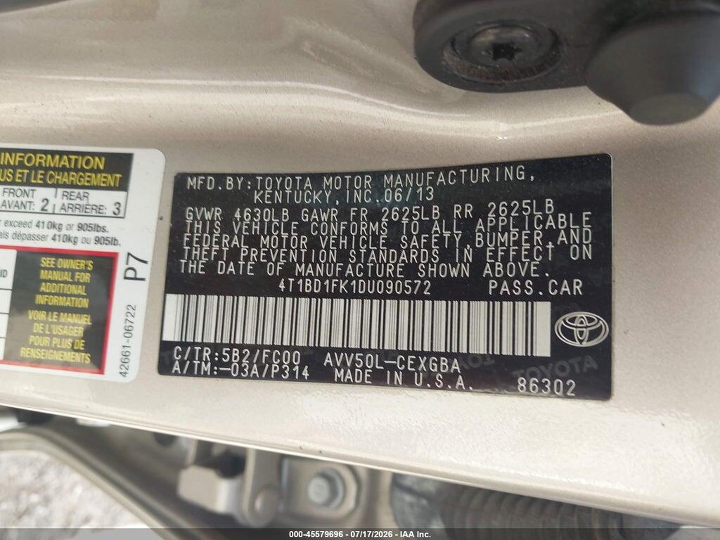 4T1BD1FK1DU090572 2013 TOYOTA CAMRY HYBRID photo no. 9