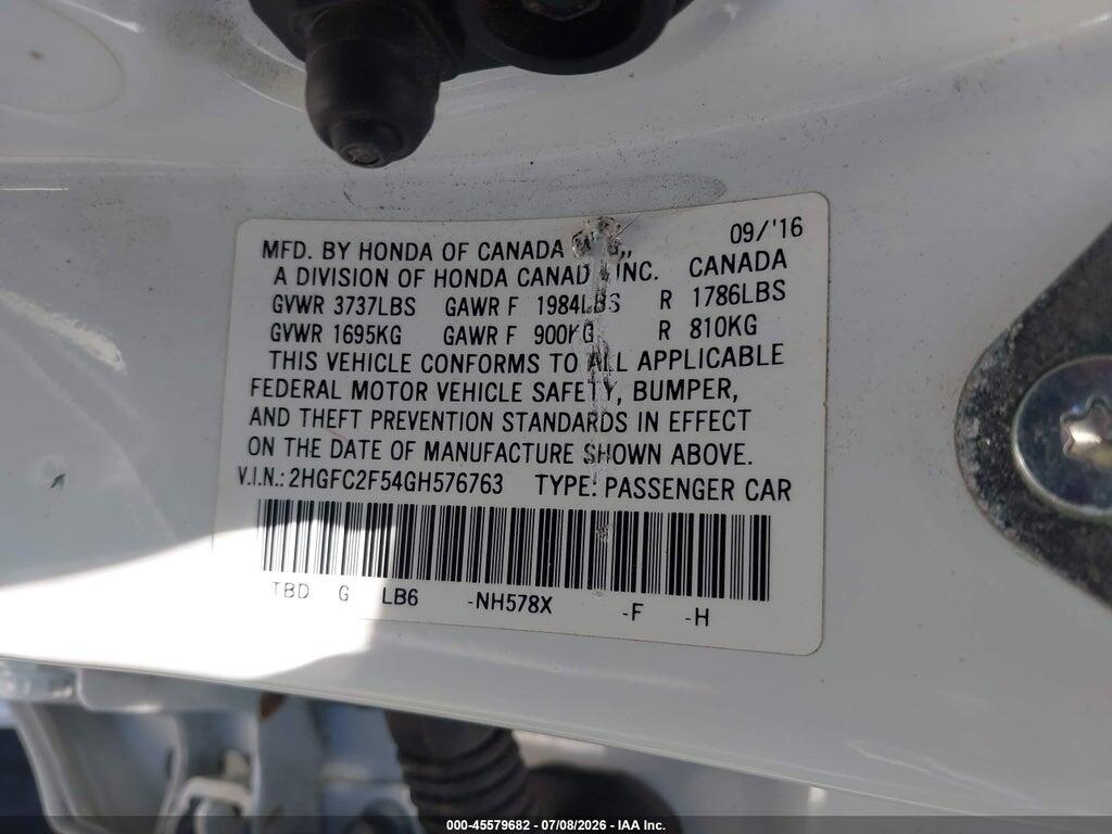 2HGFC2F54GH576763 2016 HONDA CIVIC photo no. 9