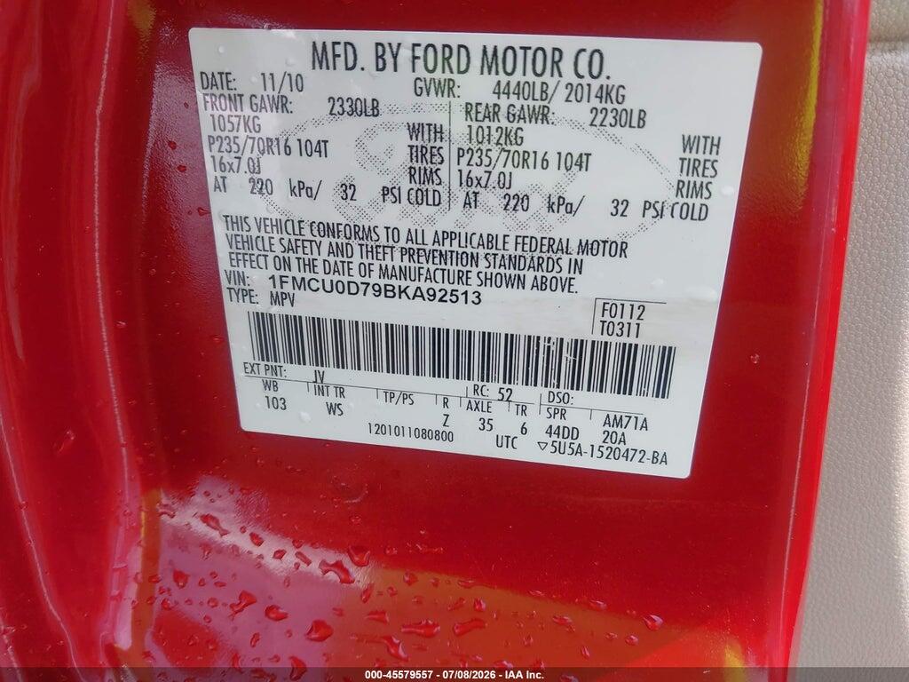 1FMCU0D79BKA92513 2011 FORD ESCAPE photo no. 9