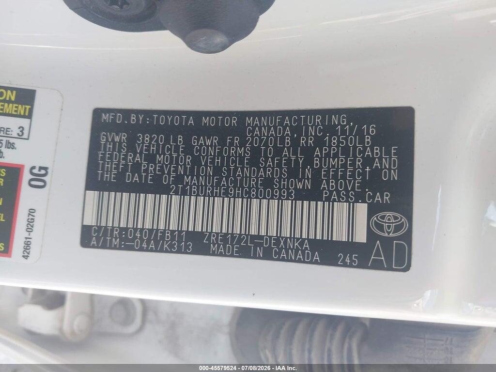 2T1BURHE9HC800993 2017 TOYOTA COROLLA photo no. 9