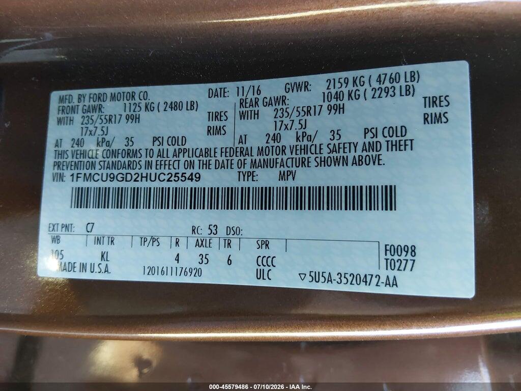 1FMCU9GD2HUC25549 2017 FORD ESCAPE photo no. 9