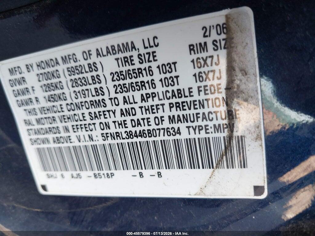 5FNRL38446B077634 2006 HONDA ODYSSEY photo no. 9