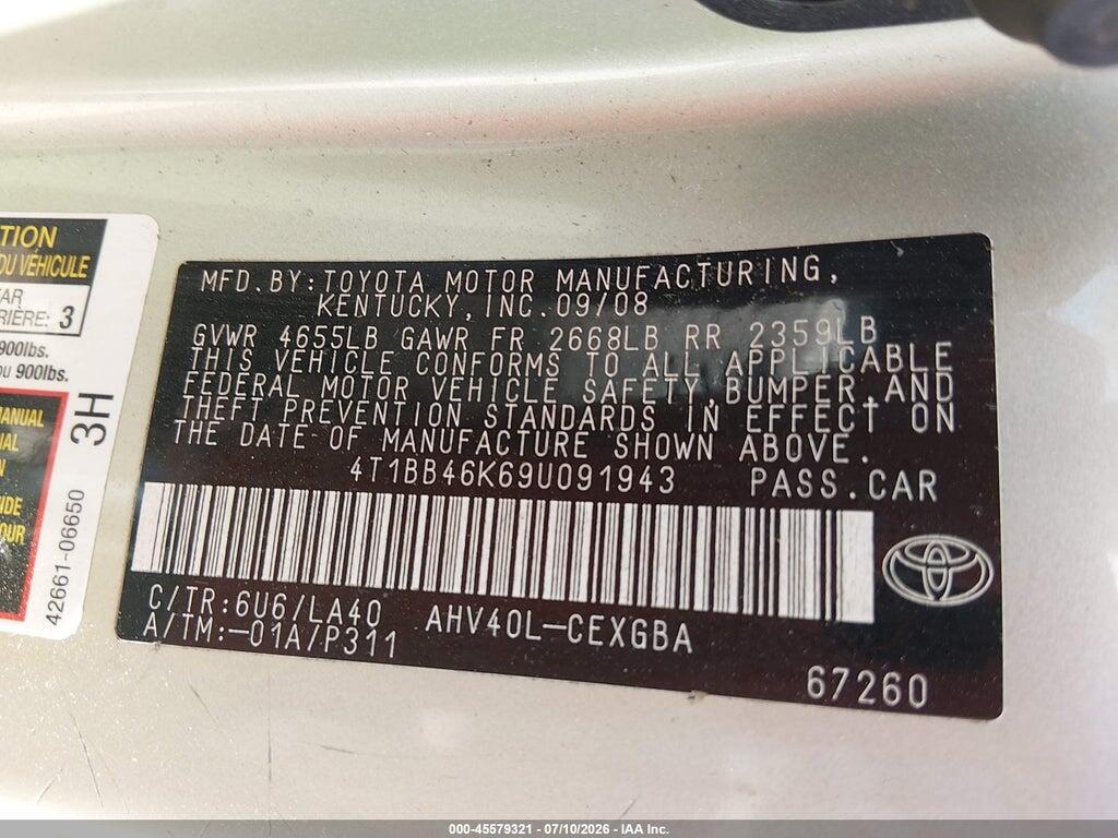 4T1BB46K69U091943 2009 TOYOTA CAMRY HYBRID photo no. 9