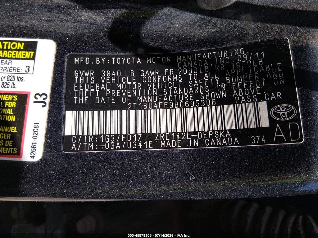 2T1BU4EE9BC695306 2011 TOYOTA COROLLA photo no. 9