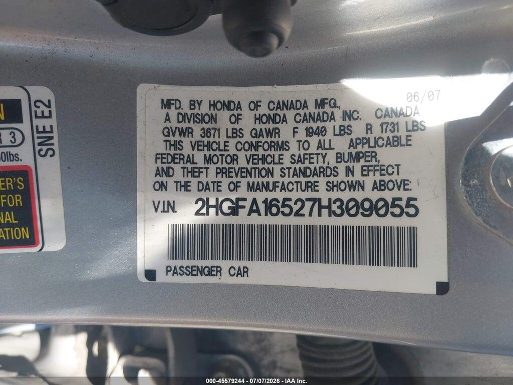 2HGFA16527H309055 2007 HONDA CIVIC photo no. 9