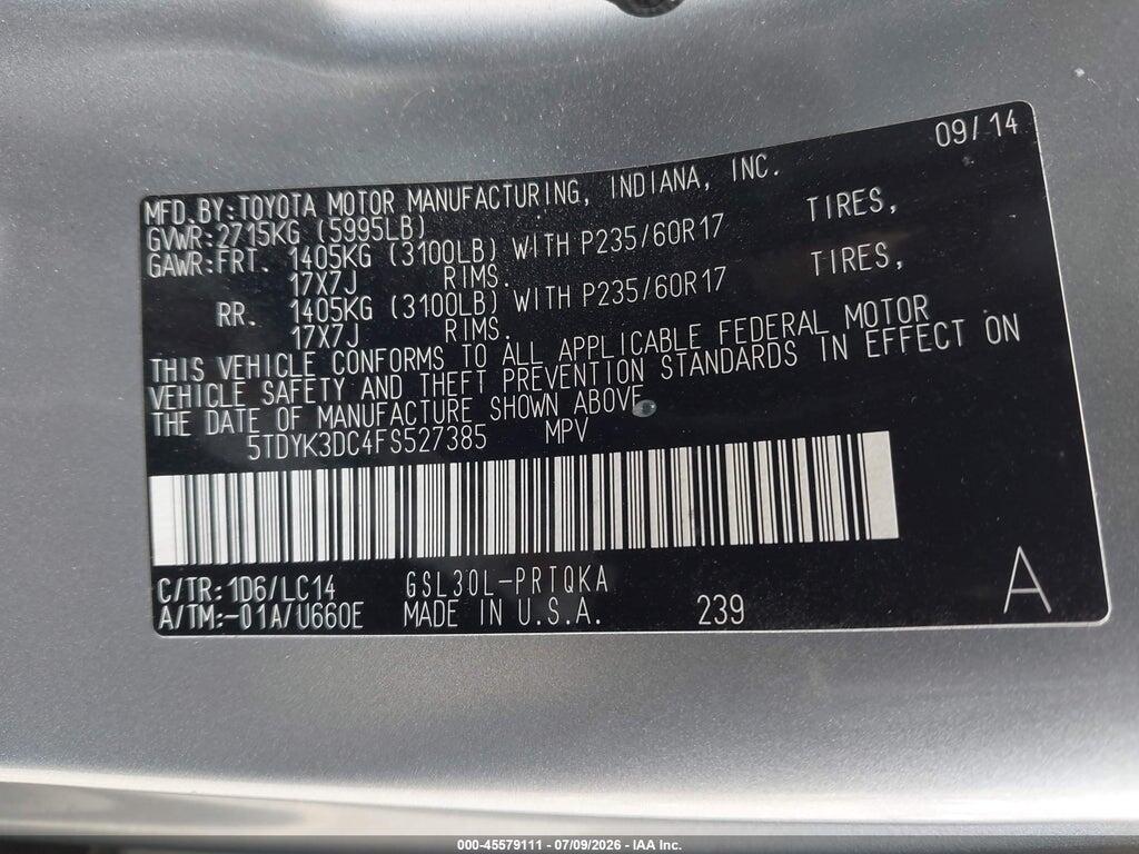 5TDYK3DC4FS527385 2015 TOYOTA SIENNA photo no. 9