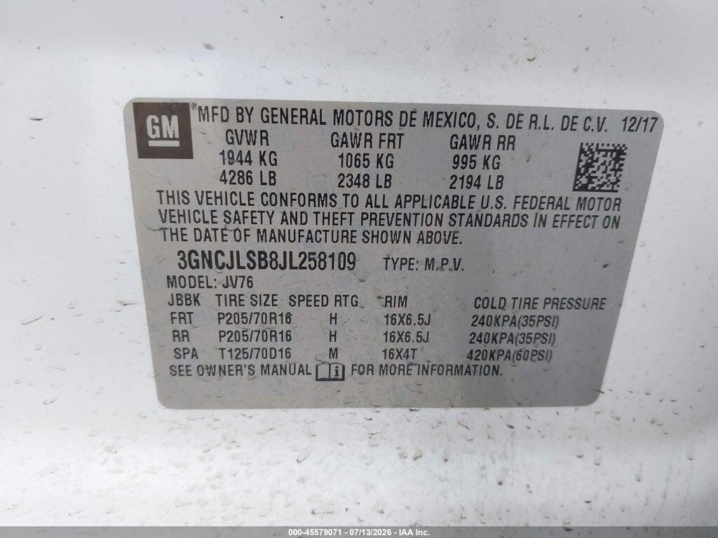 3GNCJLSB8JL258109 2018 CHEVROLET TRAX photo no. 9