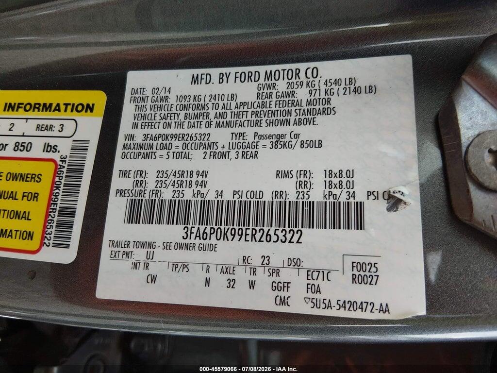 3FA6P0K99ER265322 2014 FORD FUSION photo no. 9