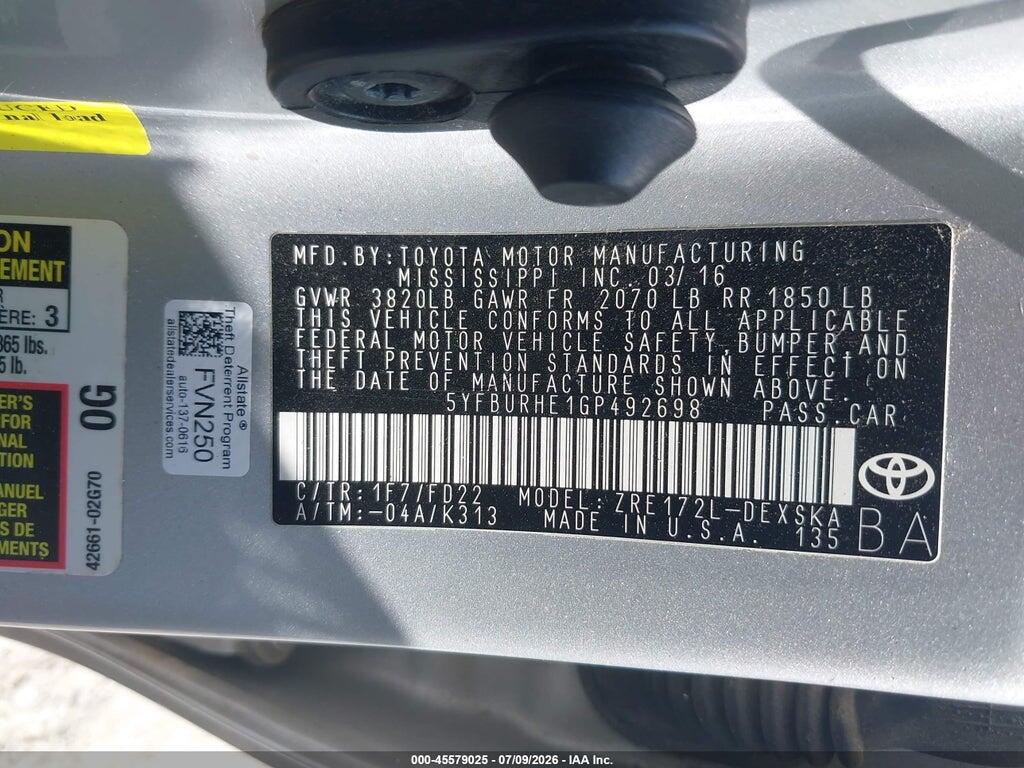 5YFBURHE1GP492698 2016 TOYOTA COROLLA photo no. 9