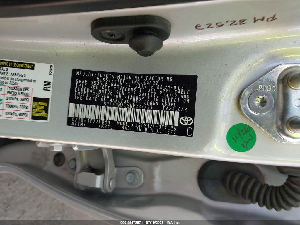 5YFEPMAE5NP337781 2022 TOYOTA COROLLA photo no. 9