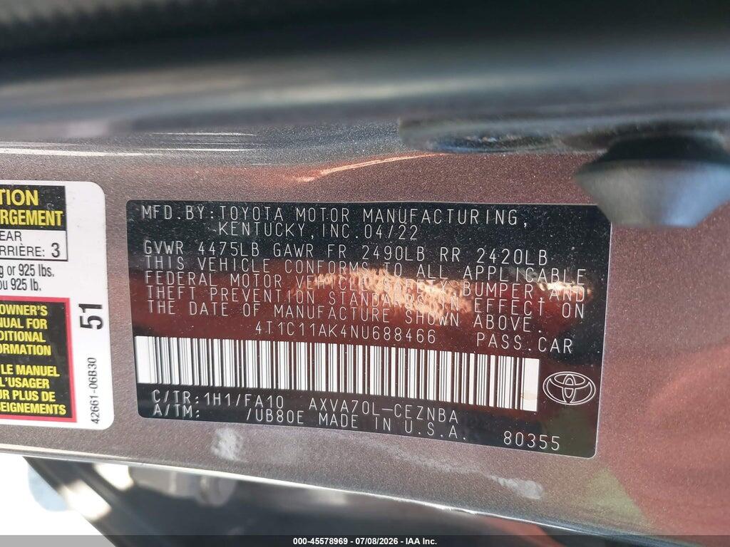 4T1C11AK4NU688466 2022 TOYOTA CAMRY photo no. 9