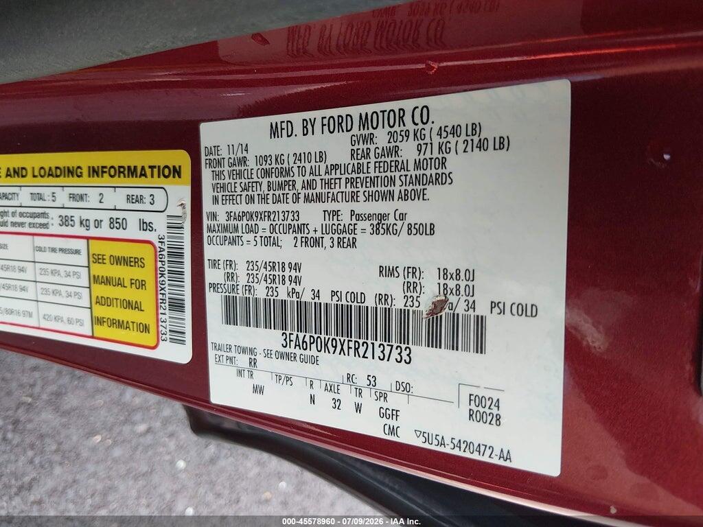 3FA6P0K9XFR213733 2015 FORD FUSION photo no. 9