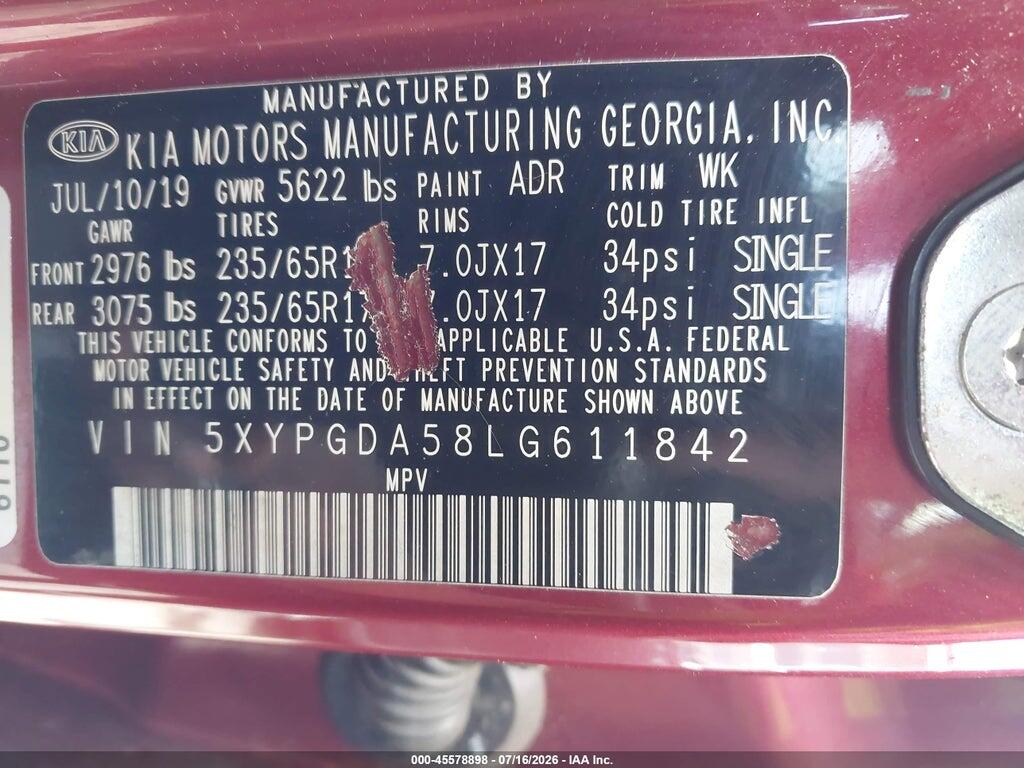 5XYPGDA58LG611842 2020 KIA SORENTO photo no. 9