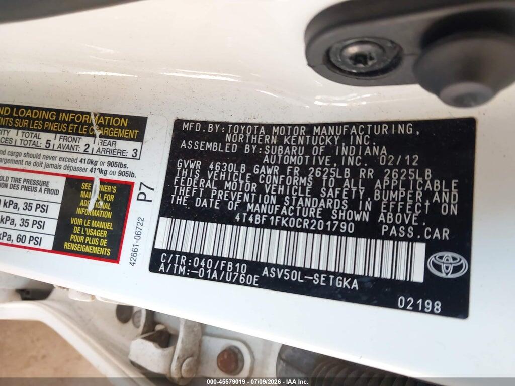 4T4BF1FK0CR201790 2012 TOYOTA CAMRY photo no. 9