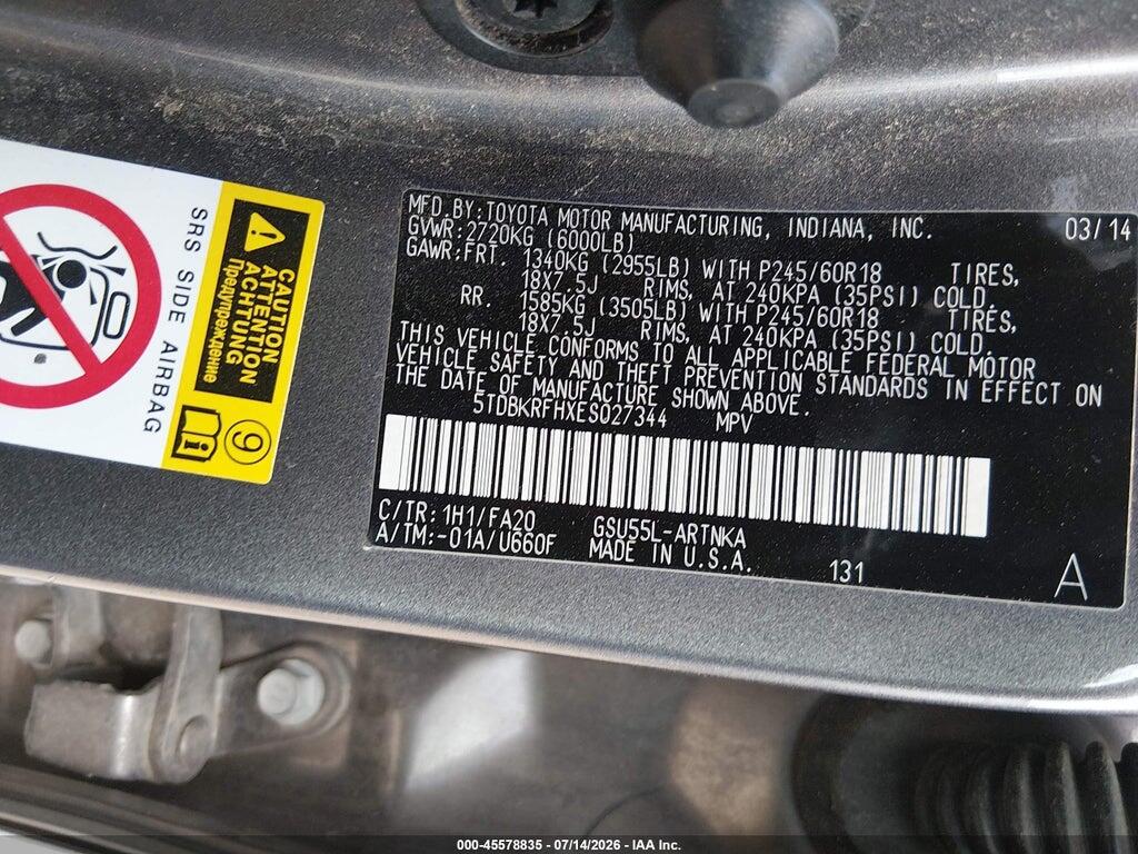 5TDBKRFHXES027344 2014 TOYOTA HIGHLANDER photo no. 9