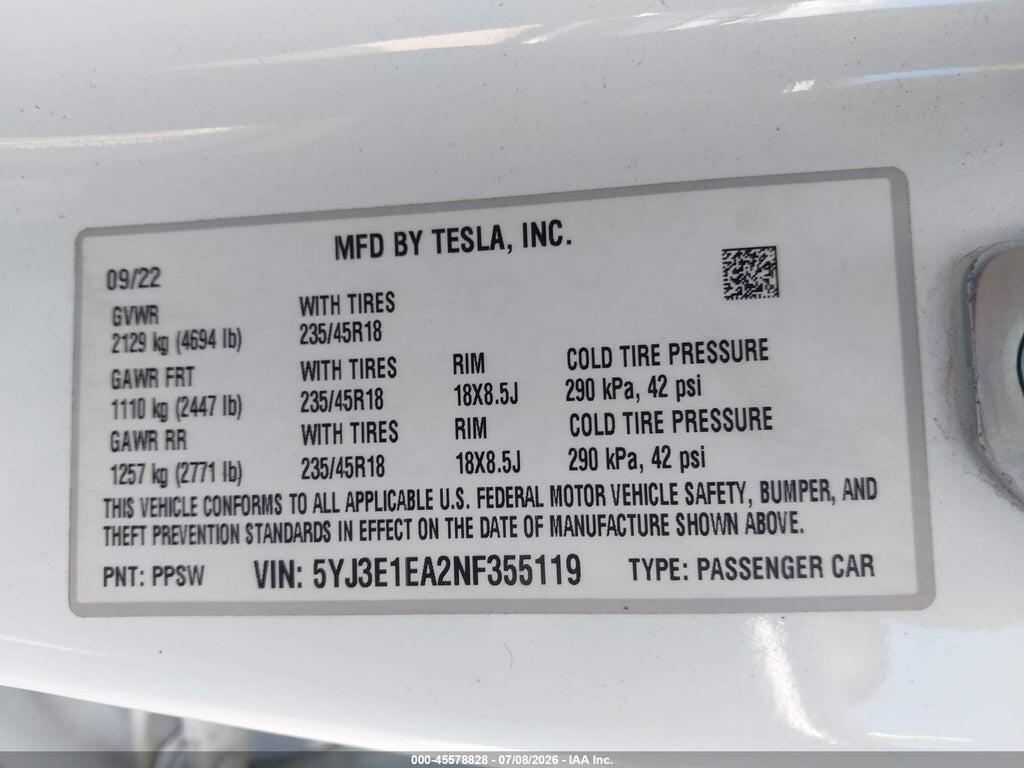 5YJ3E1EA2NF355119 2022 TESLA MODEL 3 photo no. 9