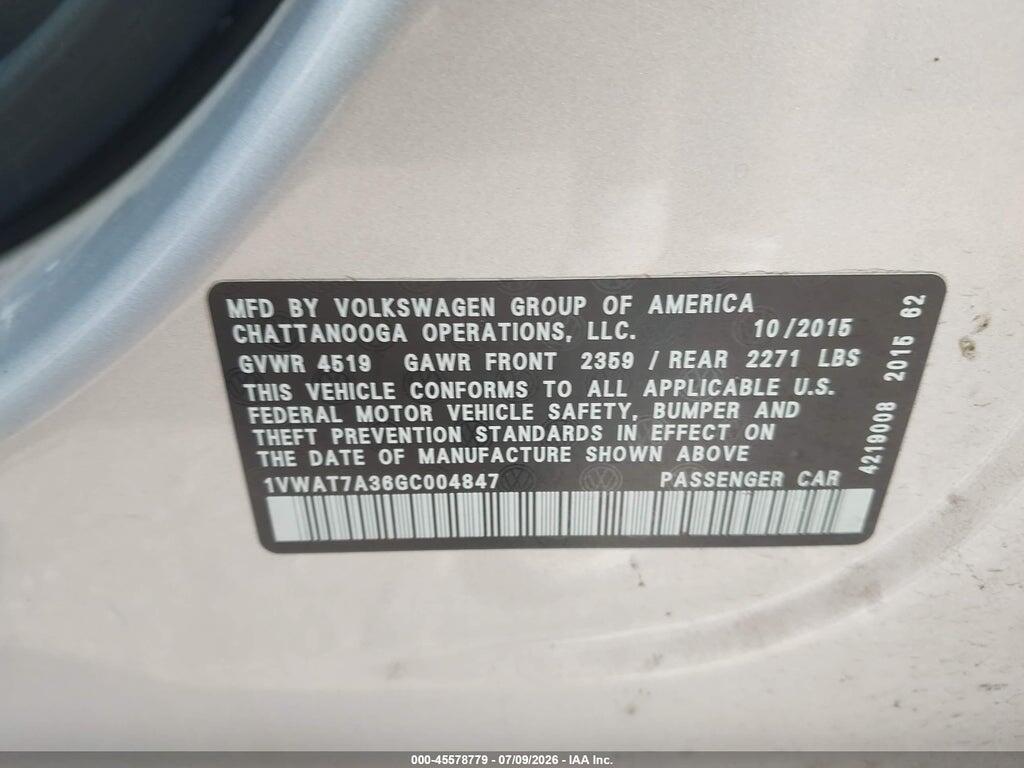 1VWAT7A36GC004847 2016 VOLKSWAGEN PASSAT photo no. 9