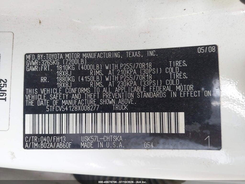 5TFCV54128X008277 2008 TOYOTA TUNDRA photo no. 9