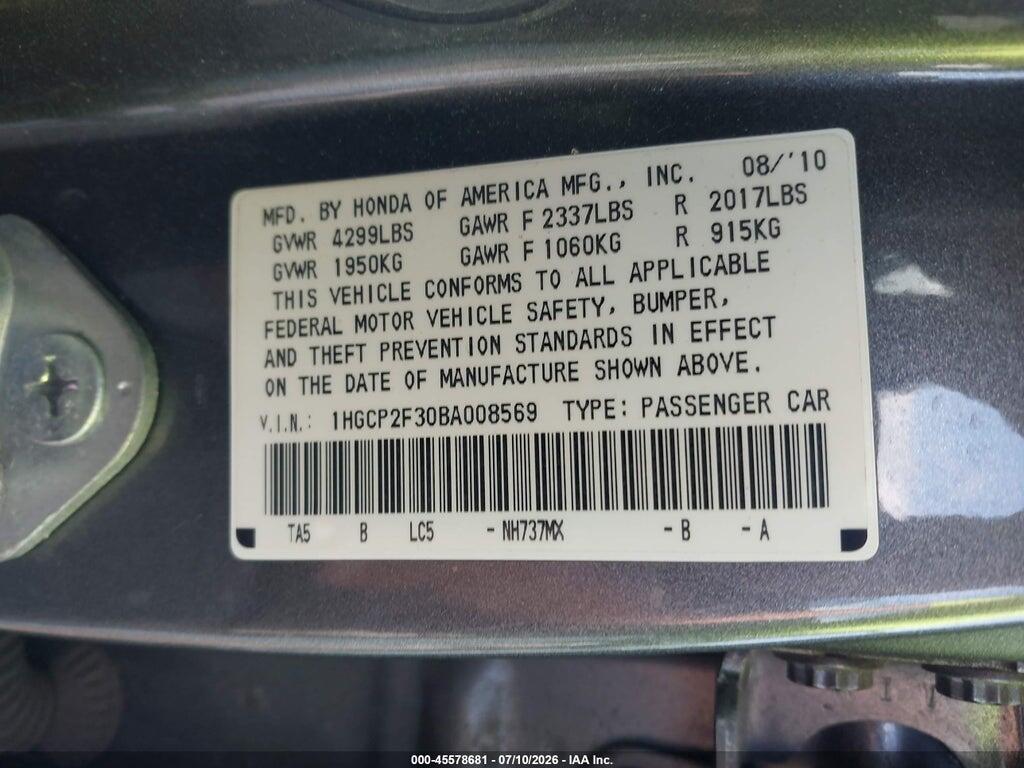 1HGCP2F30BA008569 2011 HONDA ACCORD photo no. 9