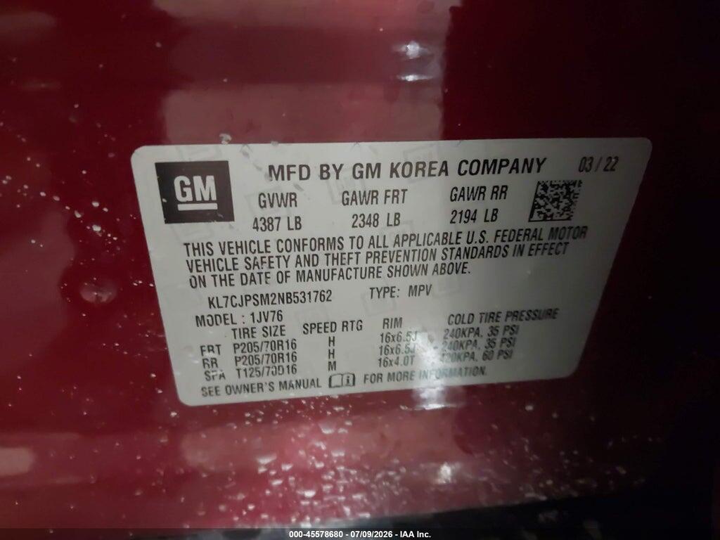 KL7CJPSM2NB531762 2022 CHEVROLET TRAX photo no. 9