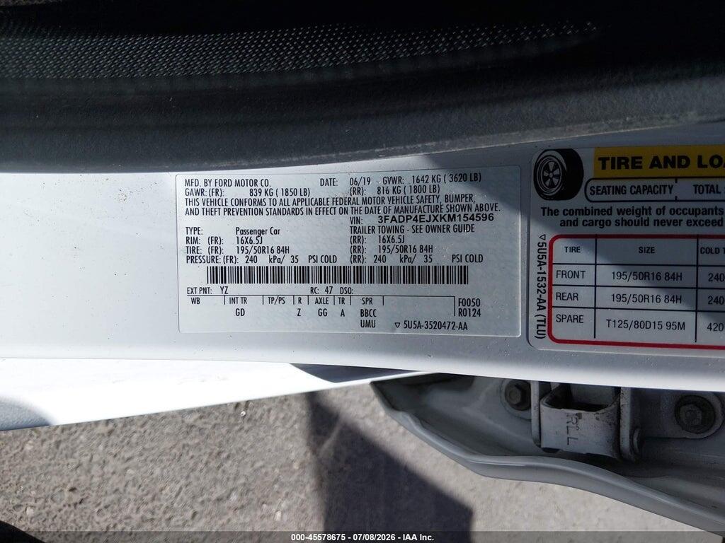 3FADP4EJXKM154596 2019 FORD FIESTA photo no. 9