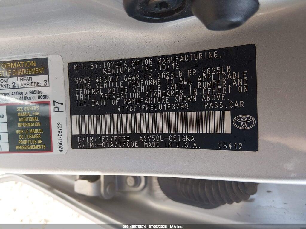 4T1BF1FK9CU183798 2012 TOYOTA CAMRY photo no. 9