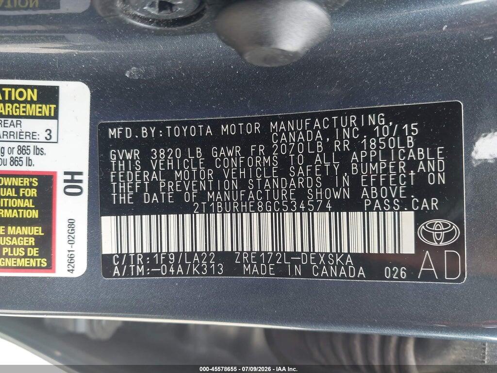 2T1BURHE8GC534574 2016 TOYOTA COROLLA photo no. 9