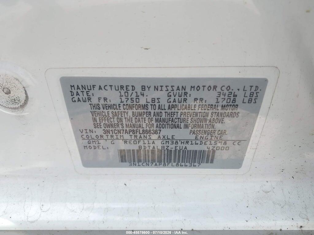3N1CN7AP8FL866367 2015 NISSAN VERSA photo no. 9