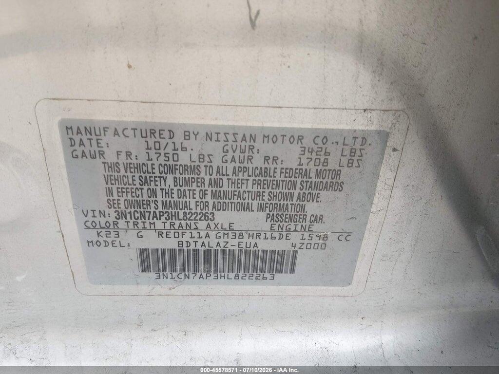 3N1CN7AP3HL822263 2017 NISSAN VERSA photo no. 9