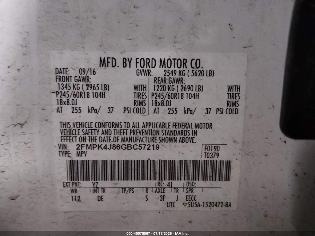 2FMPK4J86GBC57219 2016 FORD EDGE photo no. 9