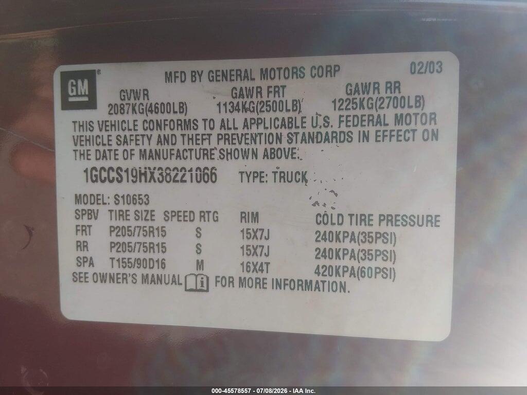 1GCCS19HX38221066 2003 CHEVROLET S-10 photo no. 9