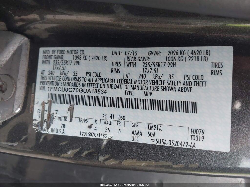 1FMCU0G70GUA18534 2016 FORD ESCAPE photo no. 9