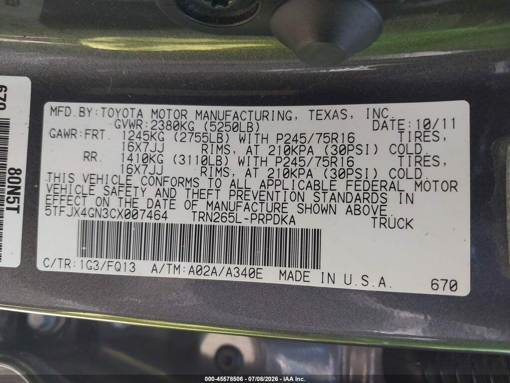 5TFJX4GN3CX007464 2012 TOYOTA TACOMA photo no. 9