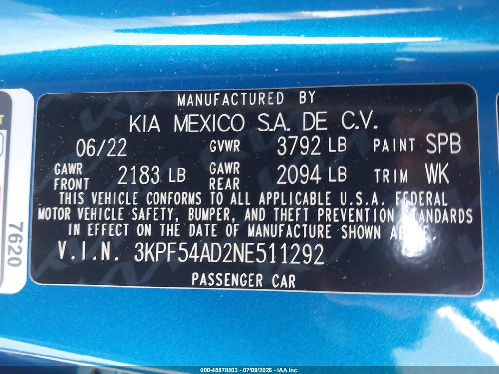 3KPF54AD2NE511292 2022 KIA FORTE photo no. 9