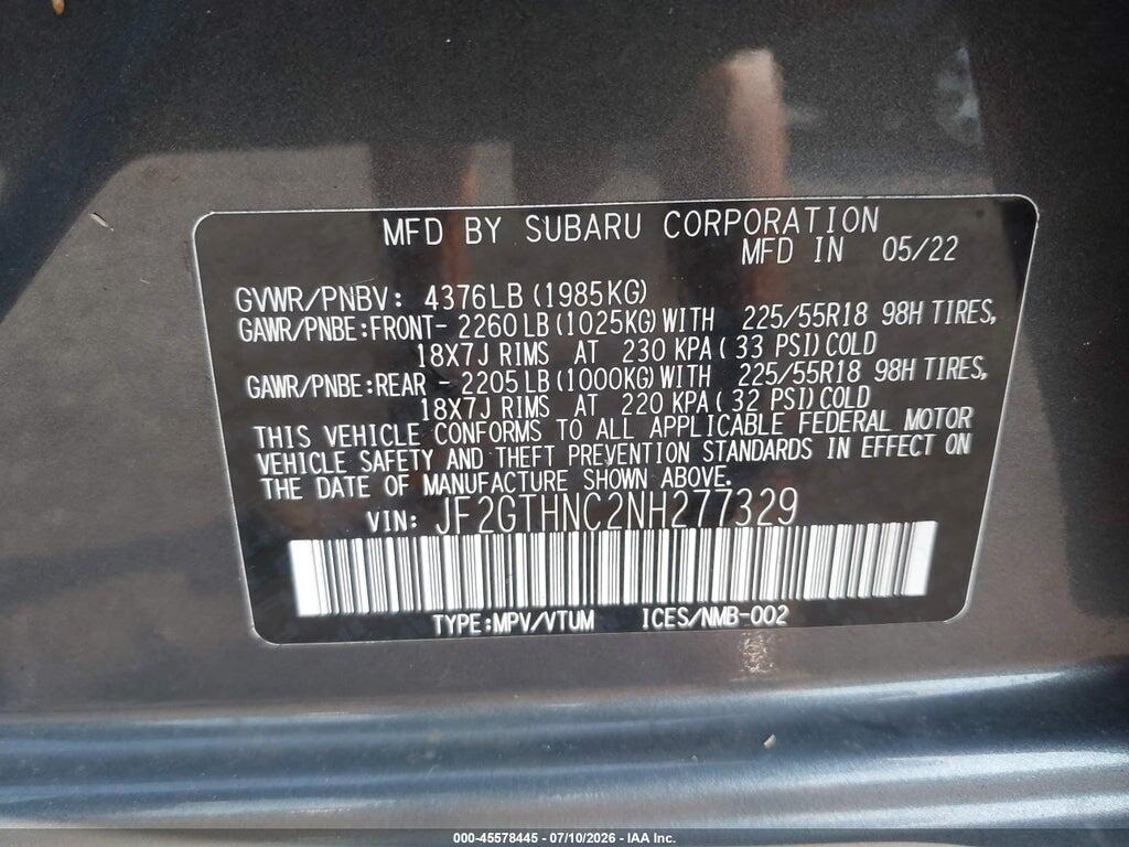 JF2GTHNC2NH277329 2022 SUBARU CROSSTREK photo no. 9