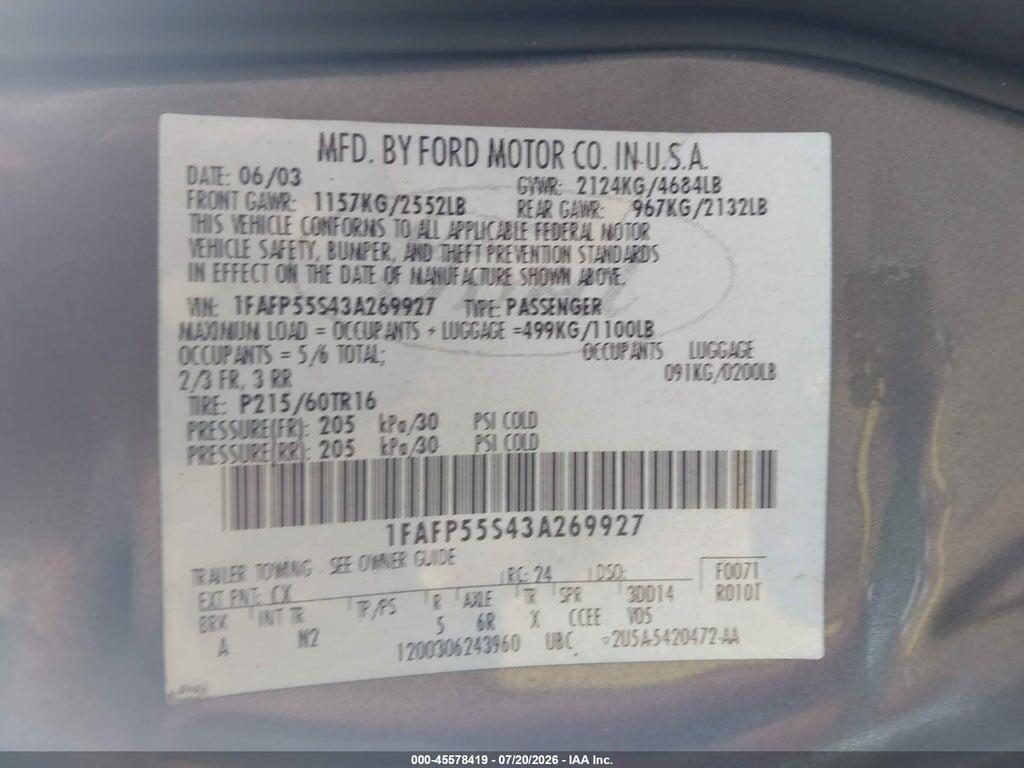 1FAFP55S43A269927 2003 FORD TAURUS photo no. 9