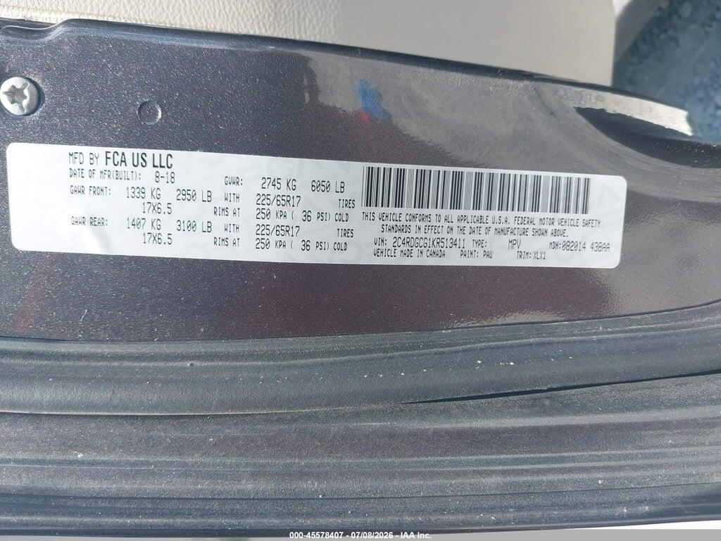 2C4RDGCG1KR513411 2019 DODGE GRAND CARAVAN photo no. 9