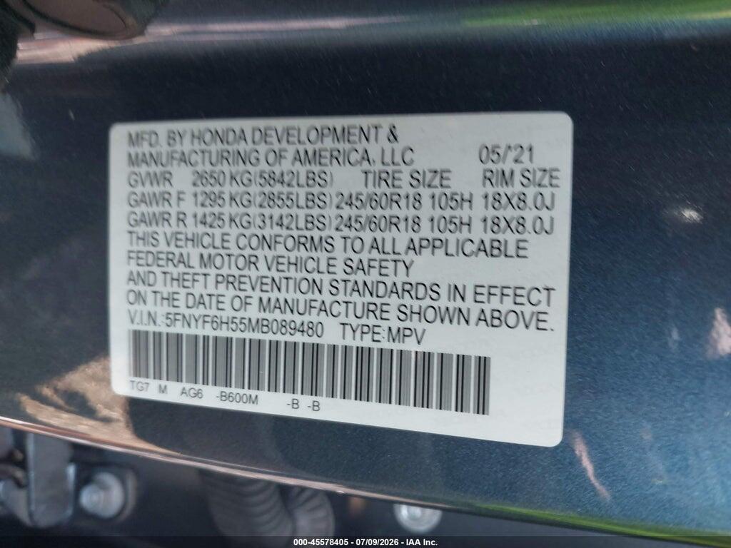 5FNYF6H55MB089480 2021 HONDA PILOT photo no. 9