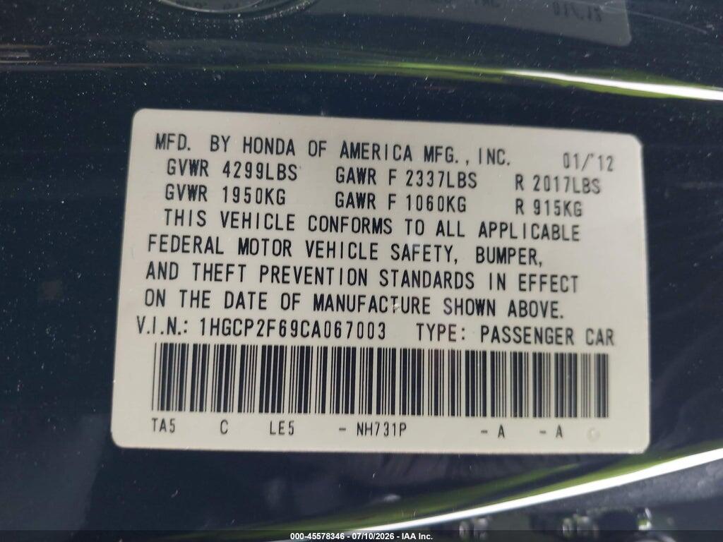 1HGCP2F69CA067003 2012 HONDA ACCORD photo no. 9