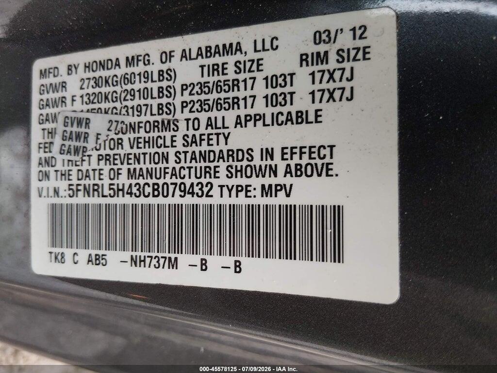 5FNRL5H43CB079432 2012 HONDA ODYSSEY photo no. 9