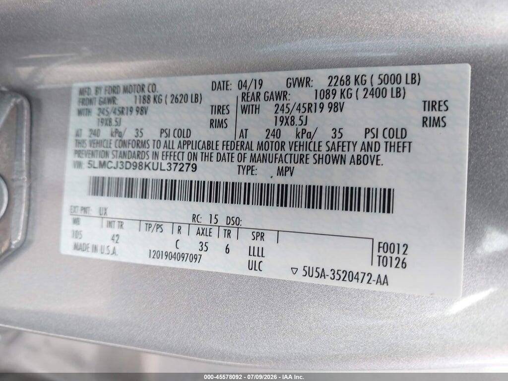 5LMCJ3D98KUL37279 2019 LINCOLN MKC photo no. 9