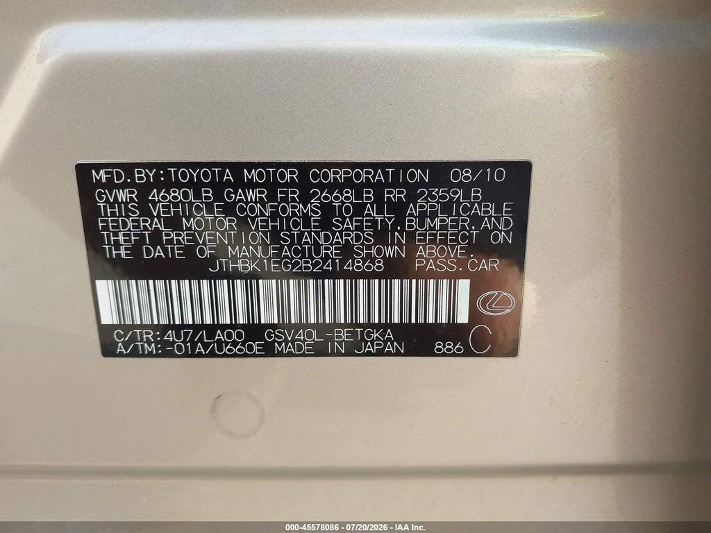 JTHBK1EG2B2414868 2011 LEXUS ES 350 photo no. 9