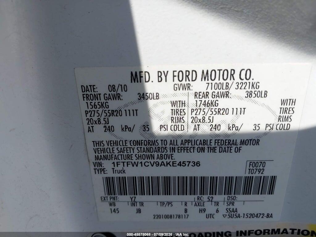 1FTFW1CV9AKE45736 2010 FORD F-150 photo no. 9