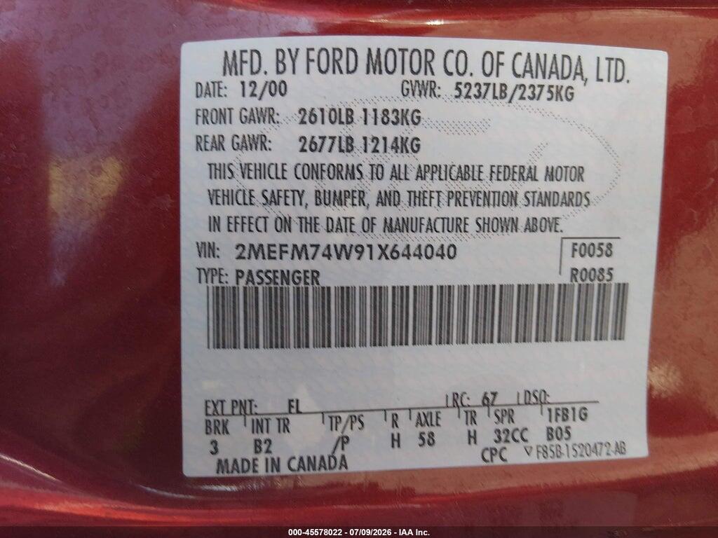 2MEFM74W91X644040 2001 MERCURY GRAND MARQUIS photo no. 9