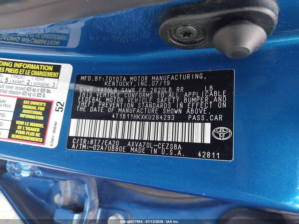 4T1B11HKXKU284293 2019 TOYOTA CAMRY photo no. 9