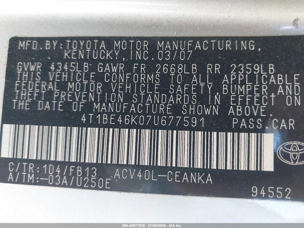 4T1BE46K07U677591 2007 TOYOTA CAMRY photo no. 9