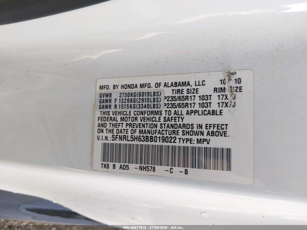 5FNRL5H63BB019022 2011 HONDA ODYSSEY photo no. 9