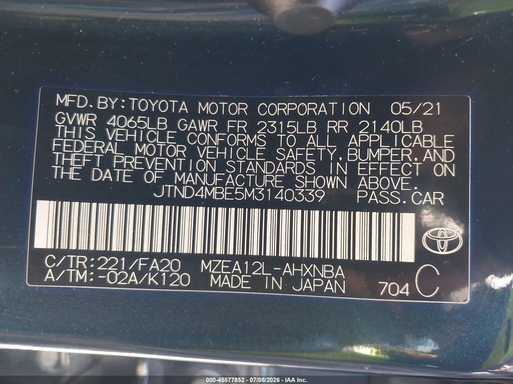 JTND4MBE5M3140339 2021 TOYOTA COROLLA photo no. 9