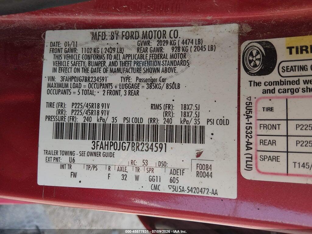 3FAHP0JG7BR234591 2011 FORD FUSION photo no. 9